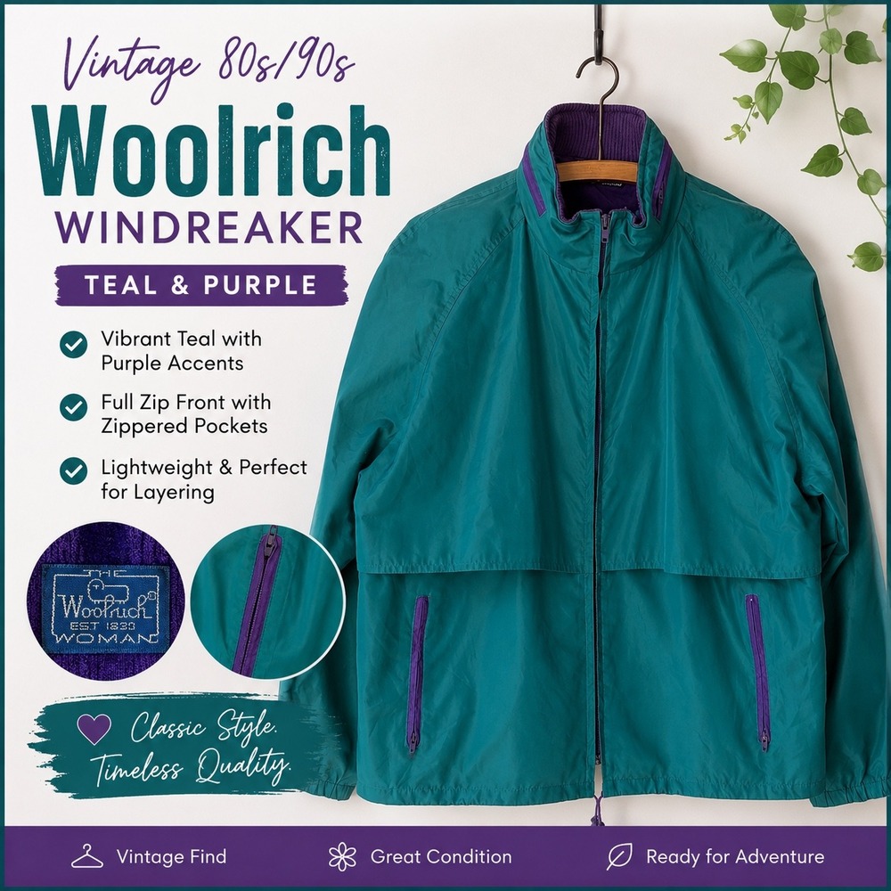Vintage Woolrich Woman Windbreaker Jacket Teal Purple 80s 90s Retro Full Zip